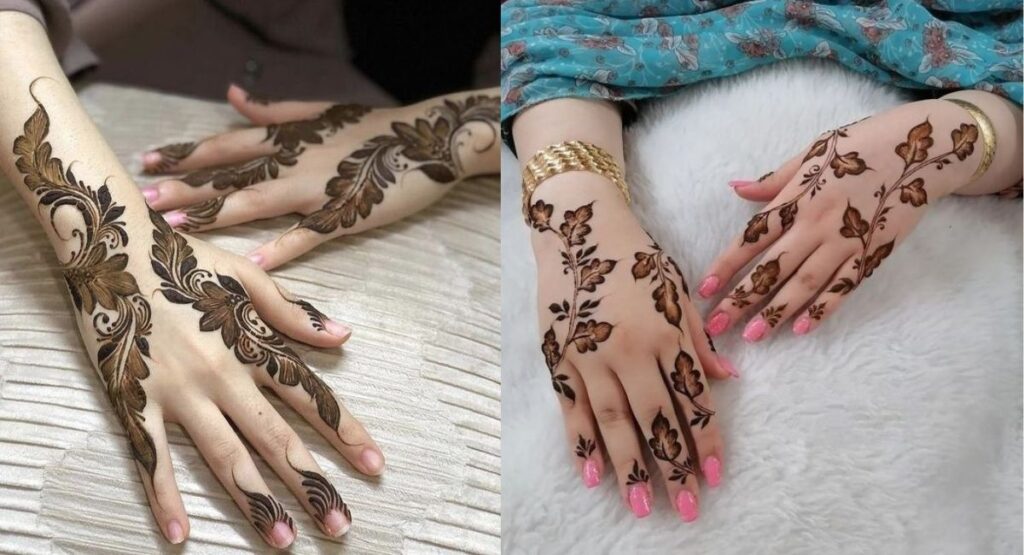 arabic two hand mehndi design bold floral leafy henna pattern spaced elegant modern traditional fusion style both hands