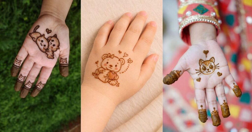 "cute cartoon mehndi designs for kids with butterflies stars and smiley faces"