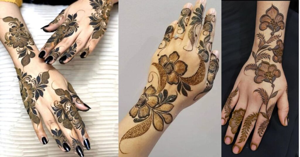 Floral Arabic mehndi designs with bold flowers and leaf patterns