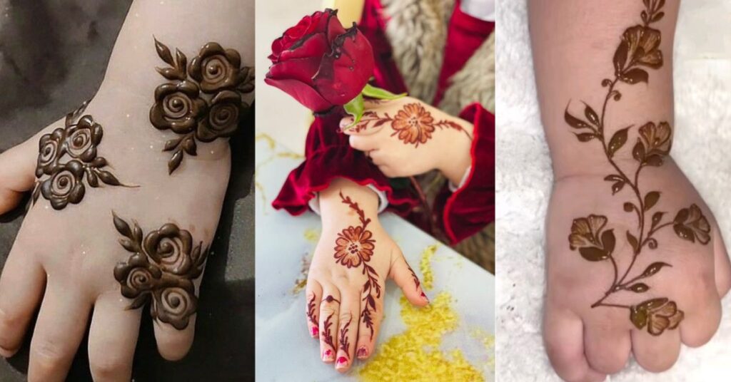 "floral mehndi designs for kids featuring small flower patterns on palm"
