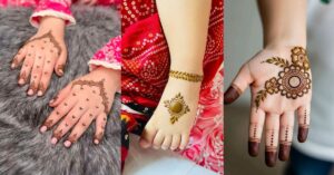 "cute mehndi designs for kidz showing simple floral hearts stars and butterfly patterns on small hands for festive occasions"