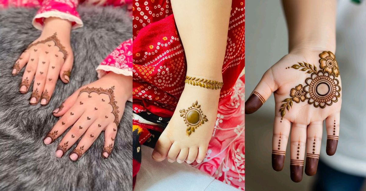 "cute mehndi designs for kidz showing simple floral hearts stars and butterfly patterns on small hands for festive occasions"