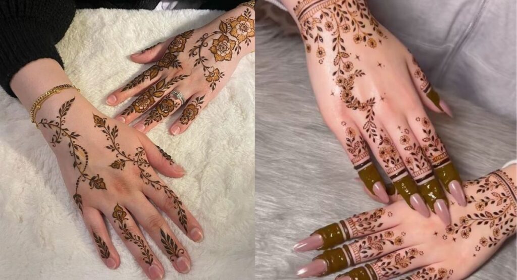 modern minimal two hand mehndi design simple elegant finger focused henna pattern stylish contemporary bridal and party look