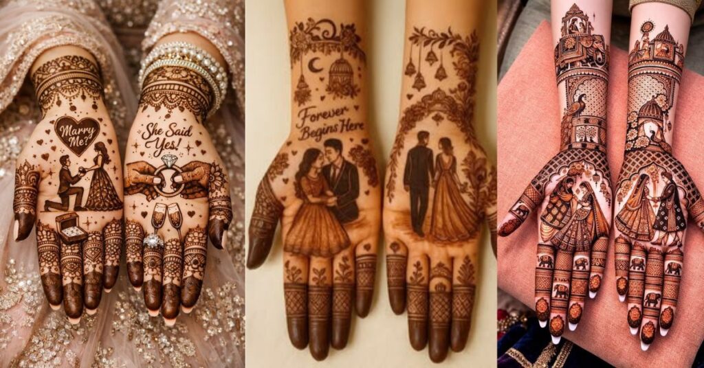 personalized bridal mehndi designs love story dulhan henna with couple portrait