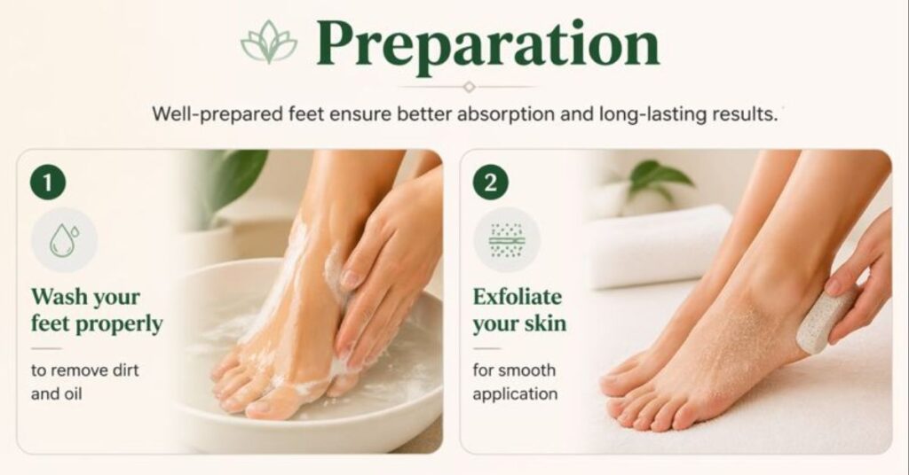 step by step preparation for applying foot mehndi design with clean and smooth feet before henna application