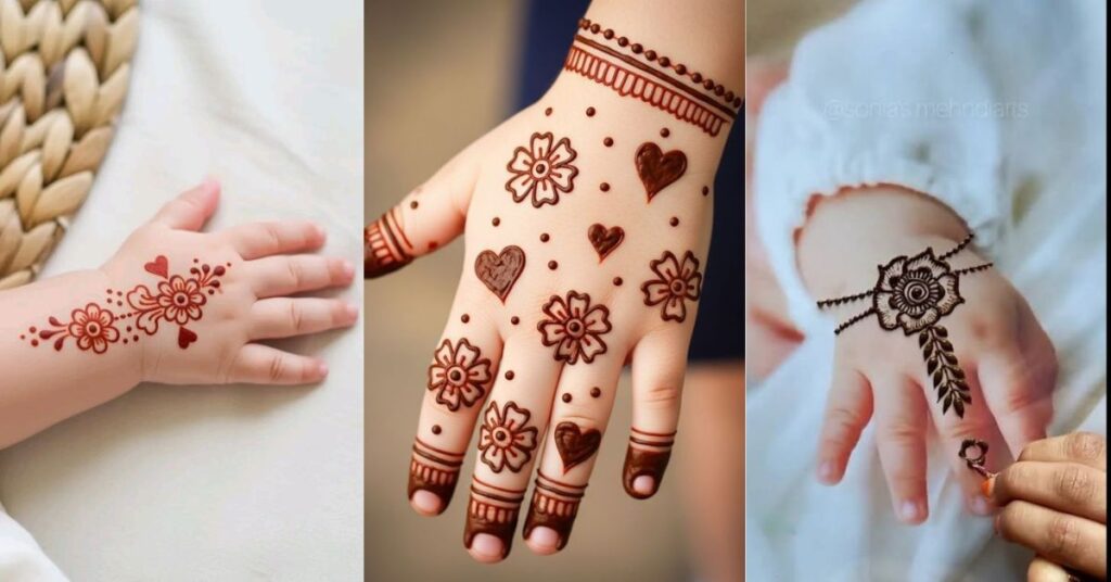 "easy and simple mehndi designs for kids with hearts and dots on small hands"