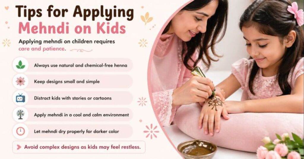 "mother applying natural mehndi on kids hand safely at home"