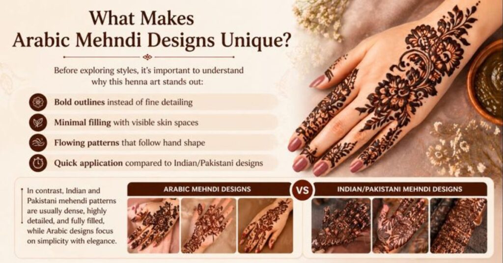 “Elegant Arabic mehndi design with bold outlines, flowing floral patterns, and minimal filling showing skin spaces, applied on hand in a graceful style.”