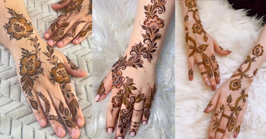 Elegant floral mehndi design 2026 with rose and lotus henna patterns on bride hands in modern minimalist style