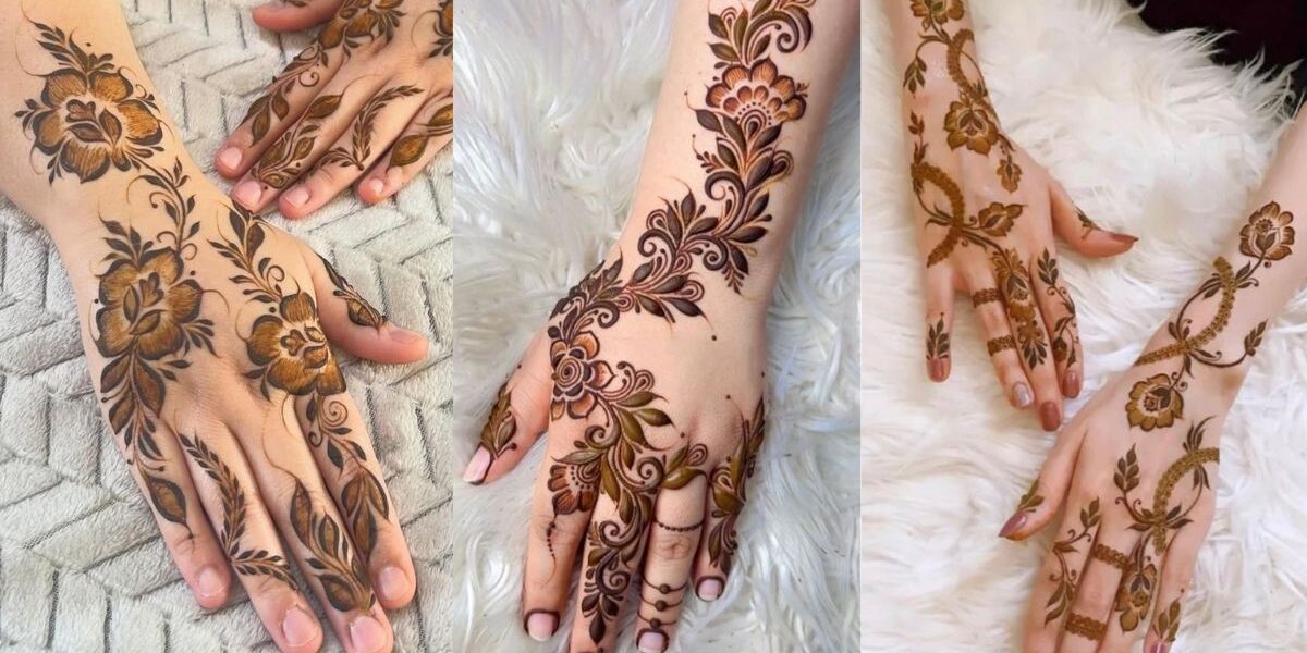 Elegant floral mehndi design 2026 with rose and lotus henna patterns on bride hands in modern minimalist style