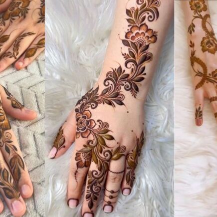 Elegant floral mehndi design 2026 with rose and lotus henna patterns on bride hands in modern minimalist style
