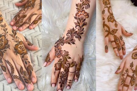 Elegant floral mehndi design 2026 with rose and lotus henna patterns on bride hands in modern minimalist style