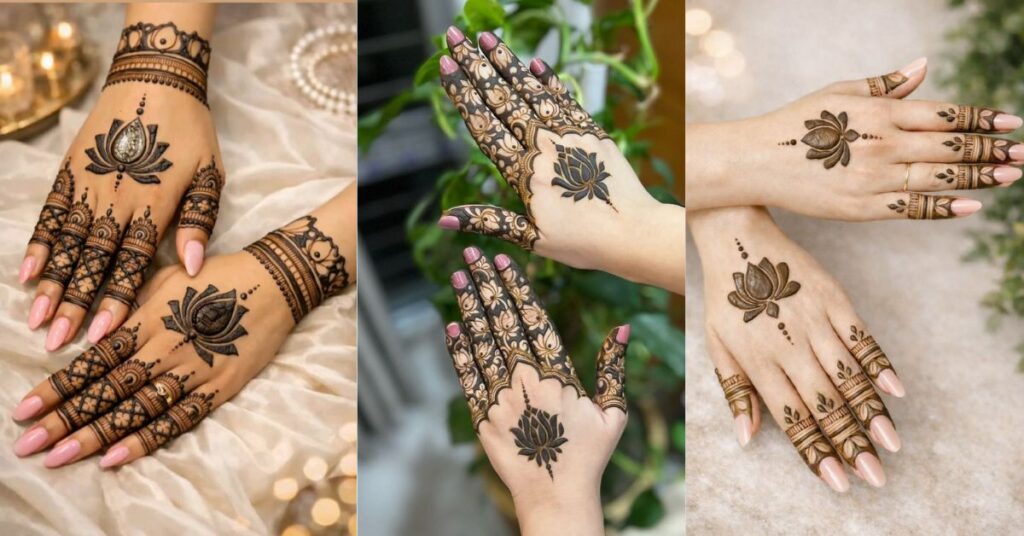 10+ lotus mehndi designs 2026 collage featuring elegant bridal, simple lotus mehndi design, Arabic and modern floral kamal henna patterns for stylish girls