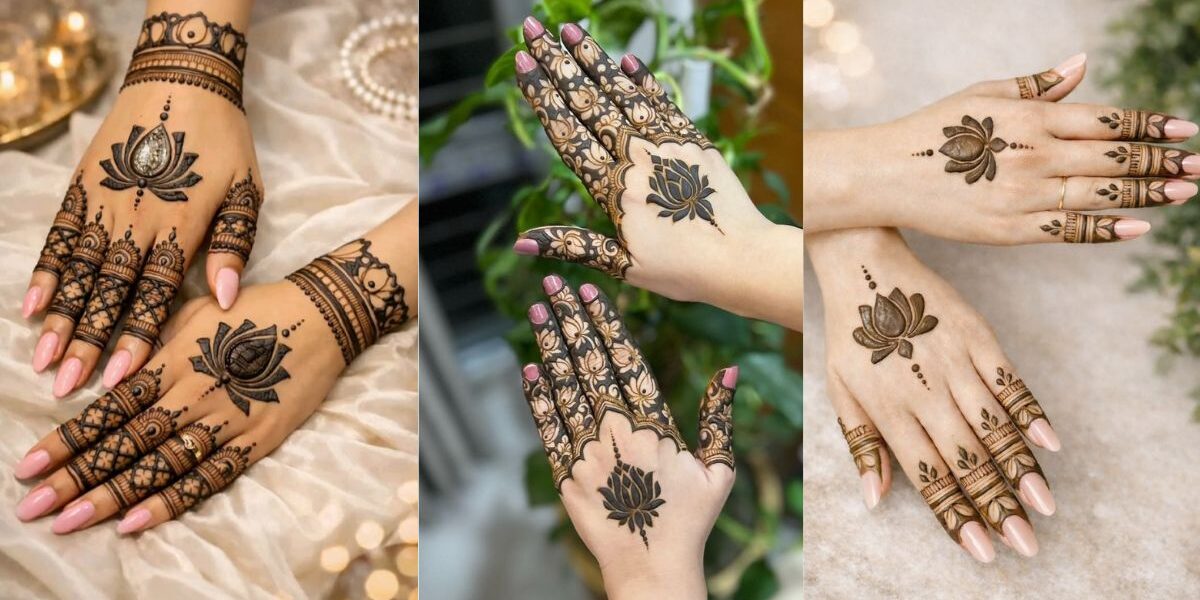 10+ lotus mehndi designs 2026 collage featuring elegant bridal, simple lotus mehndi design, Arabic and modern floral kamal henna patterns for stylish girls