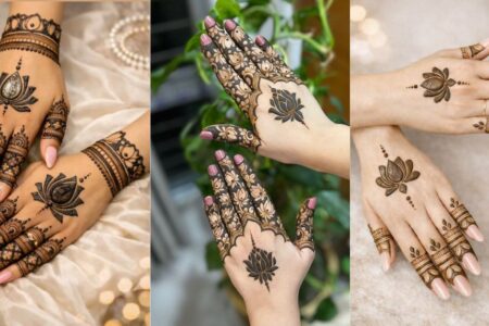 10+ lotus mehndi designs 2026 collage featuring elegant bridal, simple lotus mehndi design, Arabic and modern floral kamal henna patterns for stylish girls