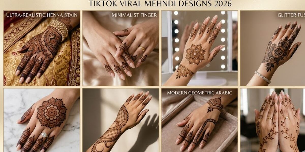 TikTok Viral Mehndi Designs 2026 collage with trendy Arabic bridal henna patterns