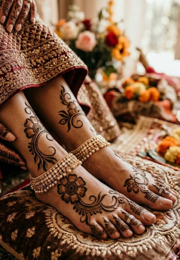 Arabic bridal foot mehndi with bold floral and flowing vine patterns