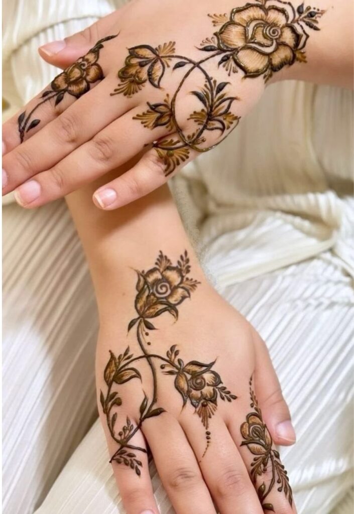 Elegant Arabic floral fusion mehndi design with bold floral outlines, flowing vine patterns, and modern negative space style henna on female hand, 2026 trend aesthetic look