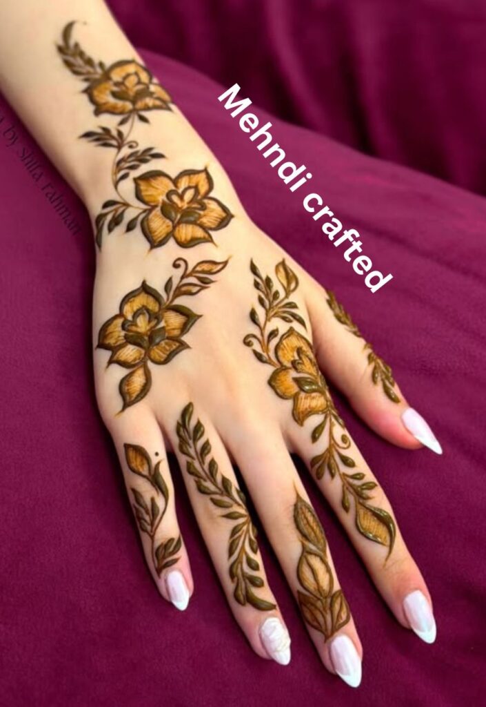 Arabic rose trail Eid mehndi design with bold floral shading