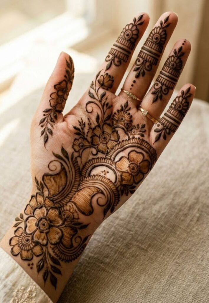 Arabic style front hand mehndi with bold floral trails