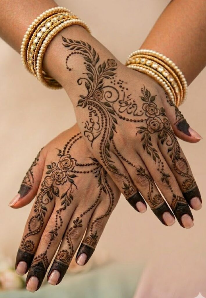 Arabic vine mehndi design with flowing leafy trails