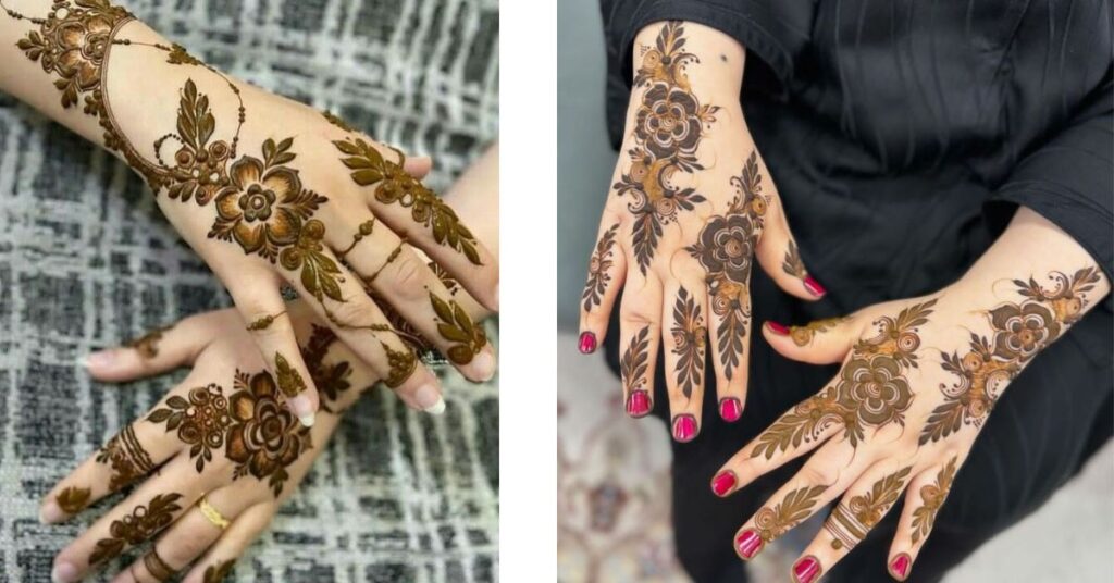 Beautiful back hand mehndi design with flowing floral motifs, leafy patterns, and bracelet-style henna art extending from fingers to wrist, creating a graceful and modern traditional look.