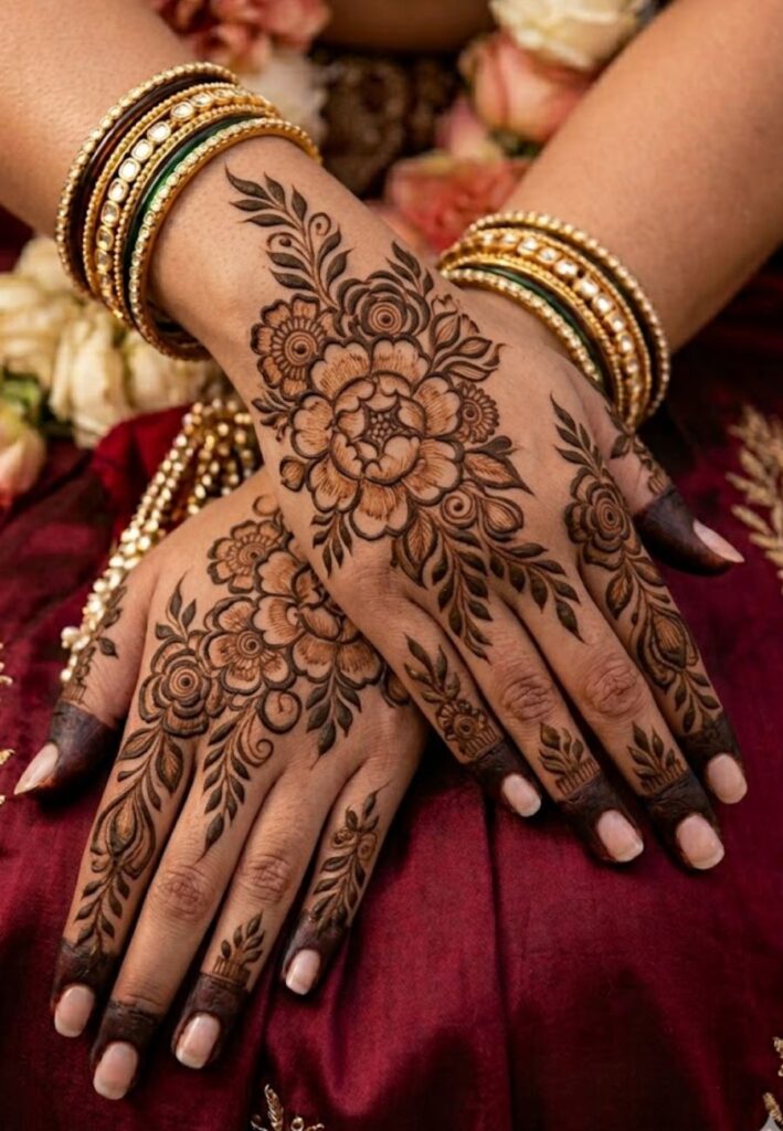 Back hand floral cascade mehndi with elegant Arabic patterns