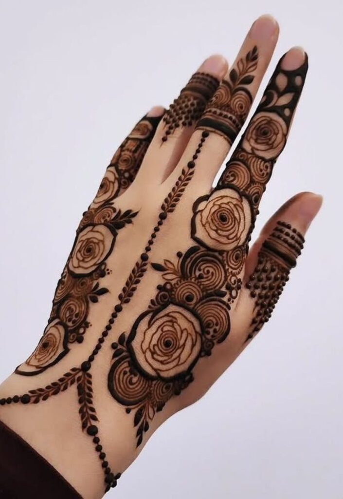 Back hand rose chain floral mehndi design flowing from wrist to fingers with connected rose motifs and fine vine detailing, elegant bridal henna pattern, modern 2026 aesthetic style on female hand.