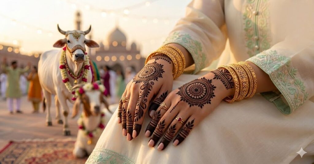 Elegant close-up of female hands with Bakra Eid mehndi designs 2026 featuring Arabic floral patterns, mandala art, and dark henna stain with festive Eid ul Adha styling.
