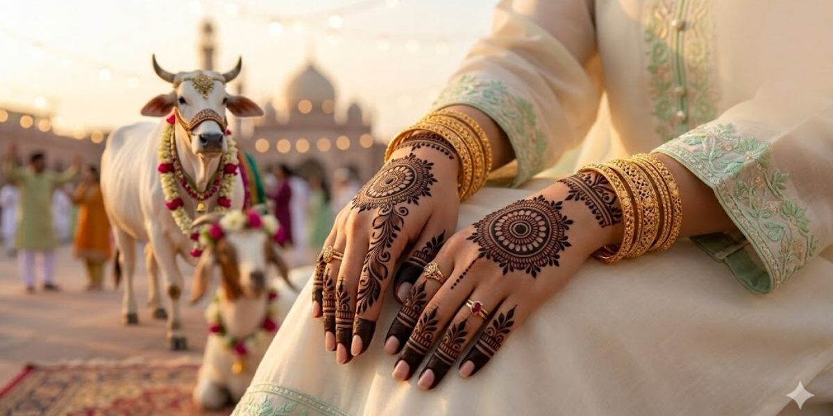 Elegant close-up of female hands with Bakra Eid mehndi designs 2026 featuring Arabic floral patterns, mandala art, and dark henna stain with festive Eid ul Adha styling.