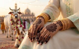 Elegant close-up of female hands with Bakra Eid mehndi designs 2026 featuring Arabic floral patterns, mandala art, and dark henna stain with festive Eid ul Adha styling.