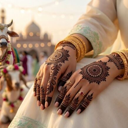 Elegant close-up of female hands with Bakra Eid mehndi designs 2026 featuring Arabic floral patterns, mandala art, and dark henna stain with festive Eid ul Adha styling.
