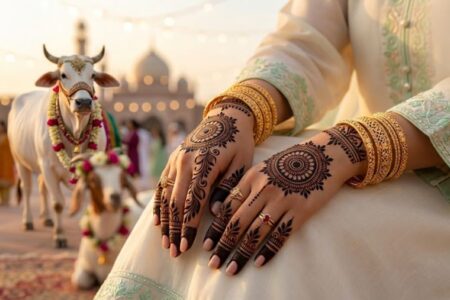 Elegant close-up of female hands with Bakra Eid mehndi designs 2026 featuring Arabic floral patterns, mandala art, and dark henna stain with festive Eid ul Adha styling.