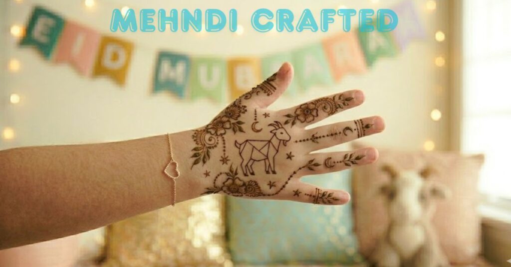 Bakra themed mehndi designs for kids cute Eid ul Adha goat inspired simple henna pattern with stars and floral elements