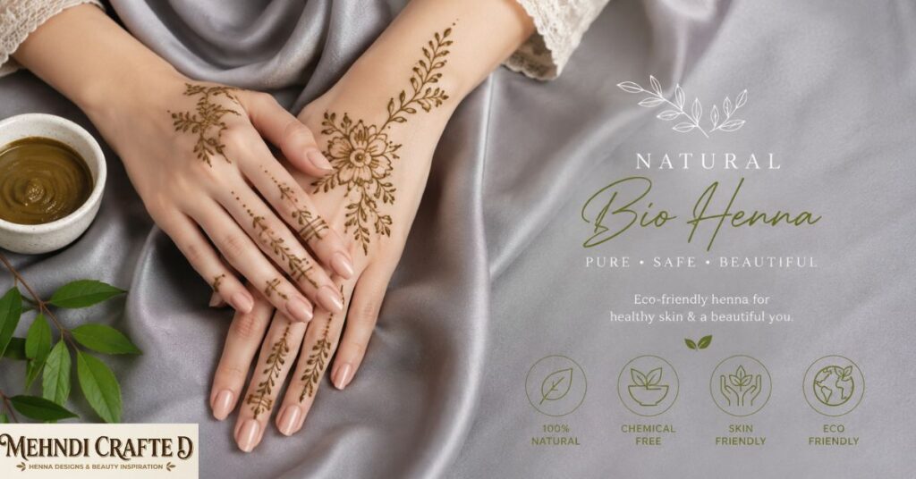 Bio henna Eid Mehndi Designs 2026 with natural eco-friendly floral patterns on soft hands