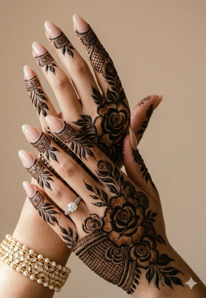 Bold floral Arabic mehndi design with dark bridal henna patterns