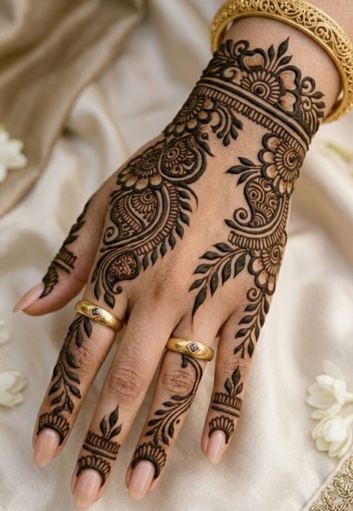 Bold outline Arabic mehndi design with dark floral patterns