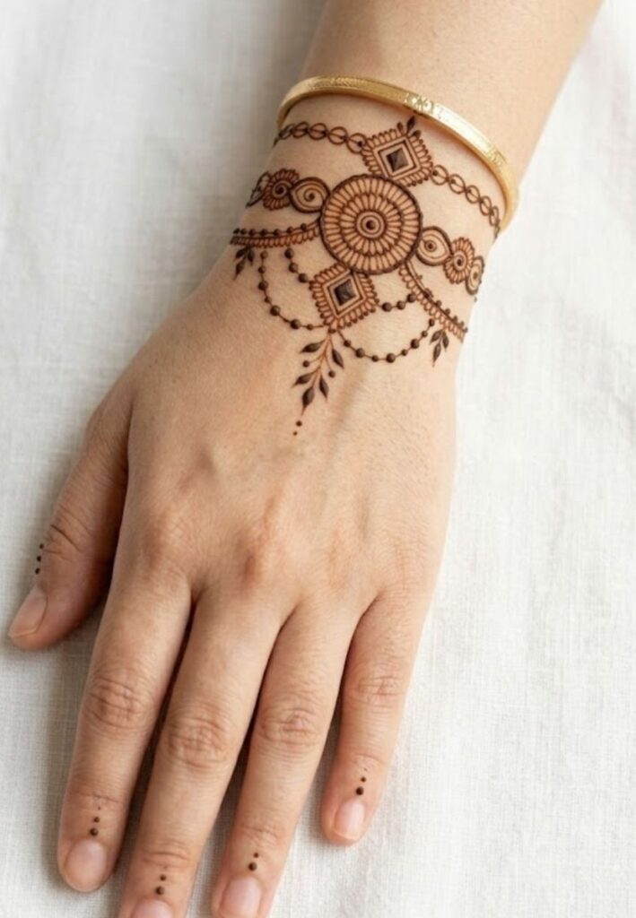 Bracelet style wrist mehndi design resembling jewelry chain pattern on hand