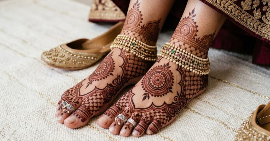 Elegant bridal mehndi design for feet 2026 featuring floral, mandala, and jewelry-inspired henna patterns in a luxury wedding aesthetic