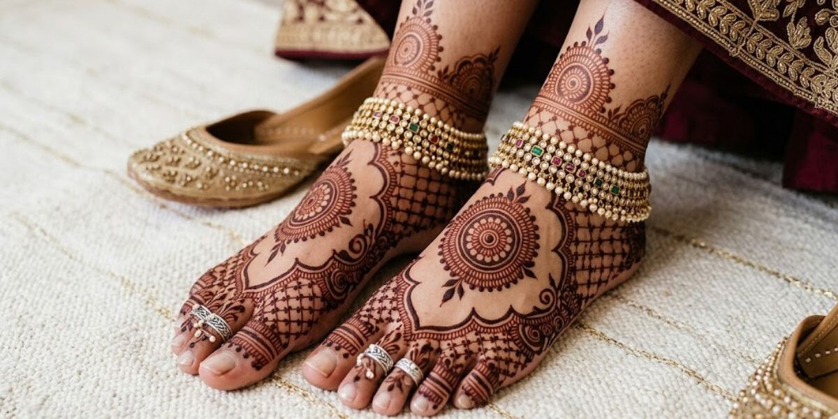 Elegant bridal mehndi design for feet 2026 featuring floral, mandala, and jewelry-inspired henna patterns in a luxury wedding aesthetic