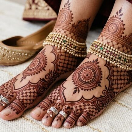 Elegant bridal mehndi design for feet 2026 featuring floral, mandala, and jewelry-inspired henna patterns in a luxury wedding aesthetic
