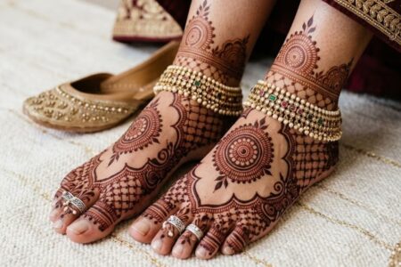 Elegant bridal mehndi design for feet 2026 featuring floral, mandala, and jewelry-inspired henna patterns in a luxury wedding aesthetic