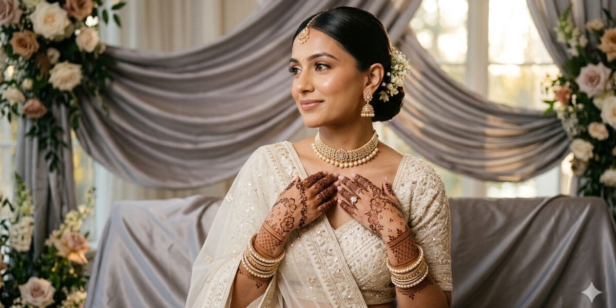 Bridal Mehndi Look 2026 featuring modern minimalist henna design with elegant bridal styling
