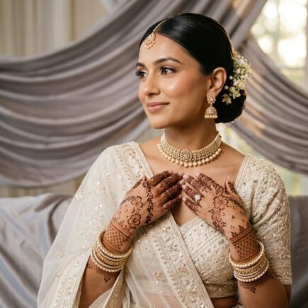 Bridal Mehndi Look 2026 featuring modern minimalist henna design with elegant bridal styling