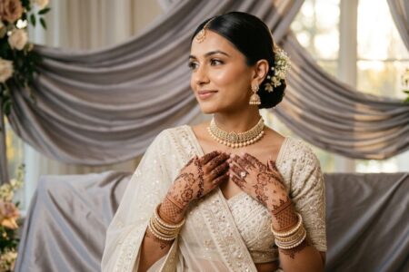 Bridal Mehndi Look 2026 featuring modern minimalist henna design with elegant bridal styling