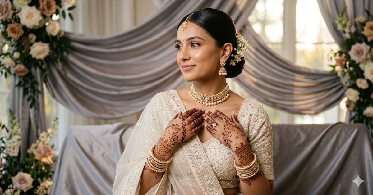 Bridal Mehndi Look 2026 featuring modern minimalist henna design with elegant bridal styling