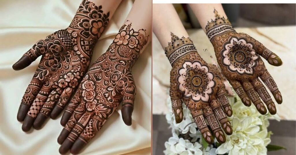 “Bridal palm mehndi design with intricate symmetrical patterns”