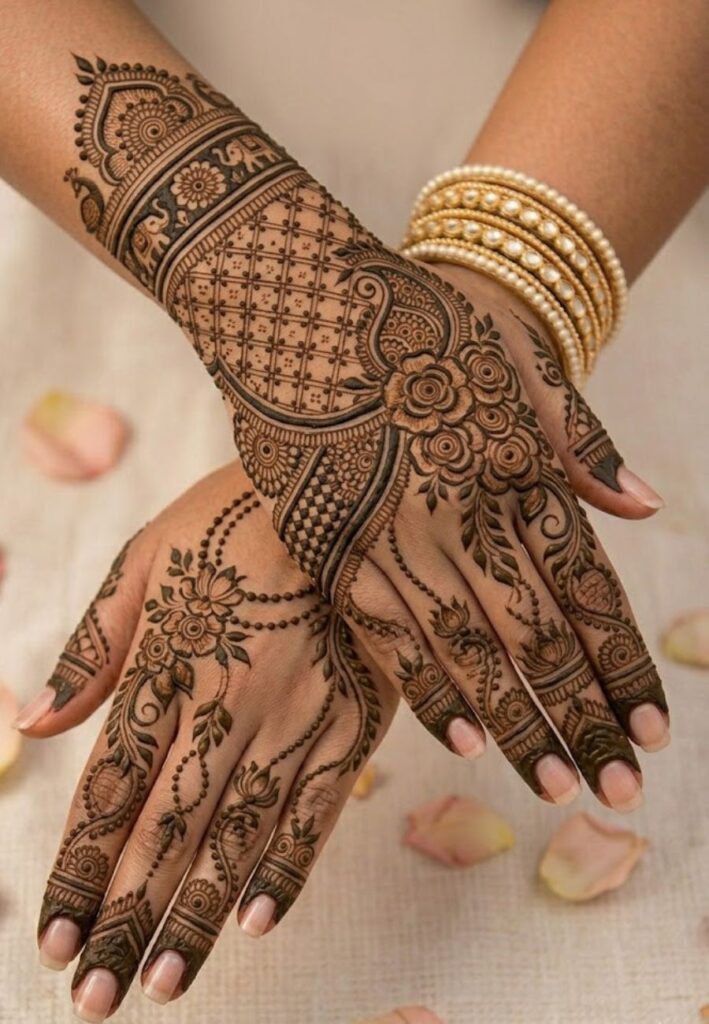 Bridal full-hand portrait mehndi design with detailed artwork