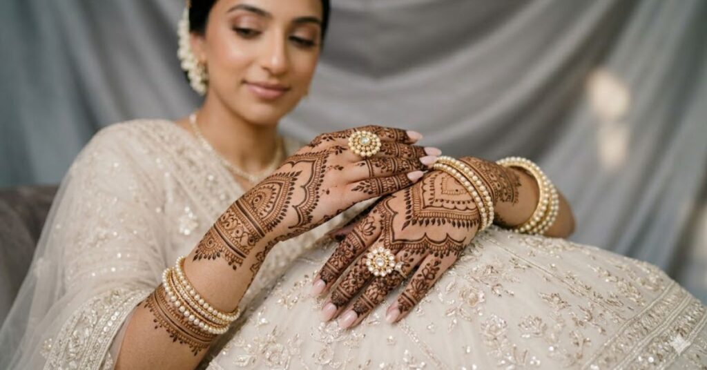 Modern bridal mehndi look 2026 on elegant hands with minimalist floral design
