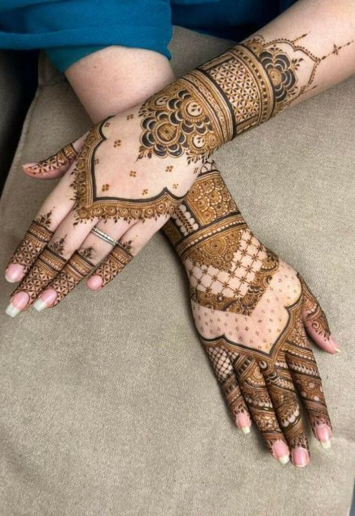 Elegant bridal mehrab mehndi design with full-hand arches, floral details, and intricate fingertip henna pattern for weddings 2026